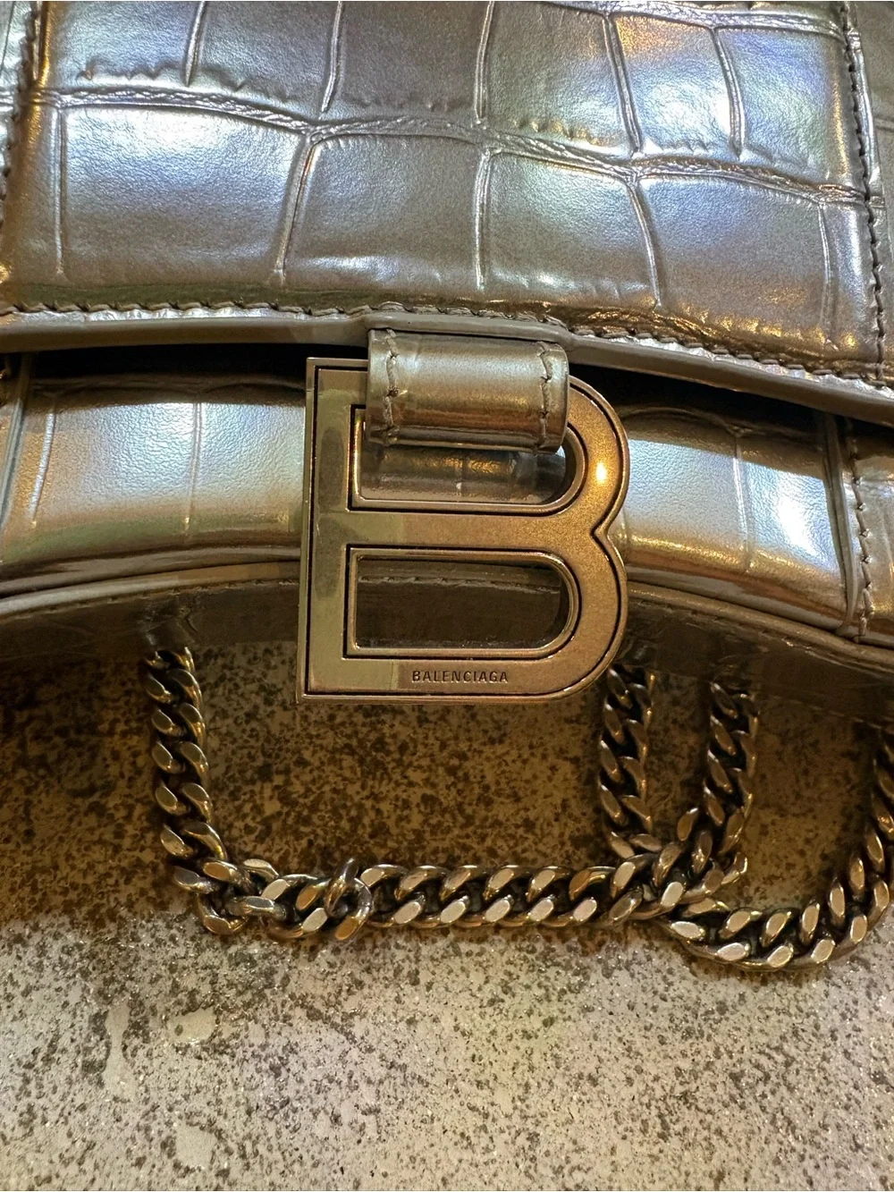 Balenciaga Metallic Silver Croc-Embossed B-Buckle Wallet